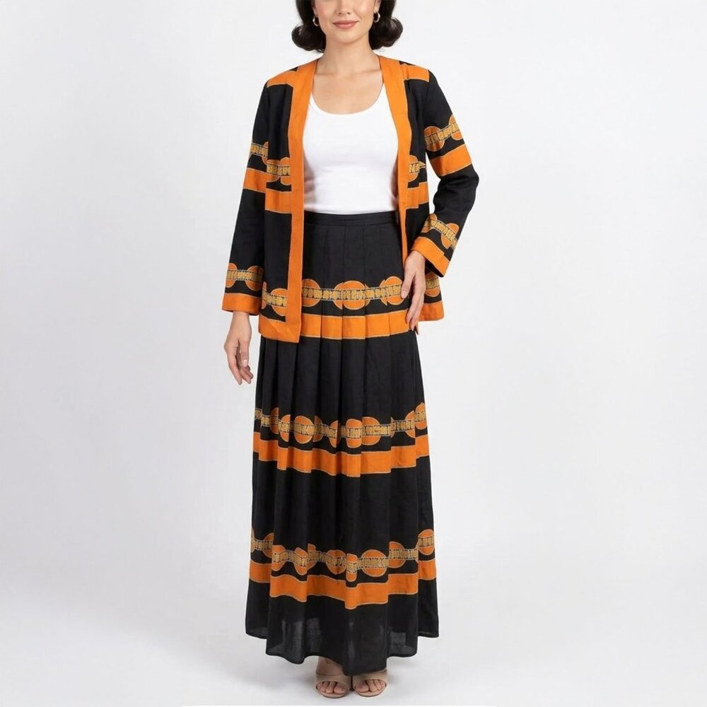 Vintage GOTTEX 60s Top Skirt Set Maxi Long Sleeve Top Black Orange Psychedelic